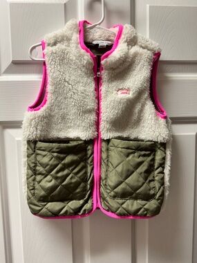 Calvin Klein Jeans Girls' Sherpa Quilted Vest - Cream & Olive with Pink Trim